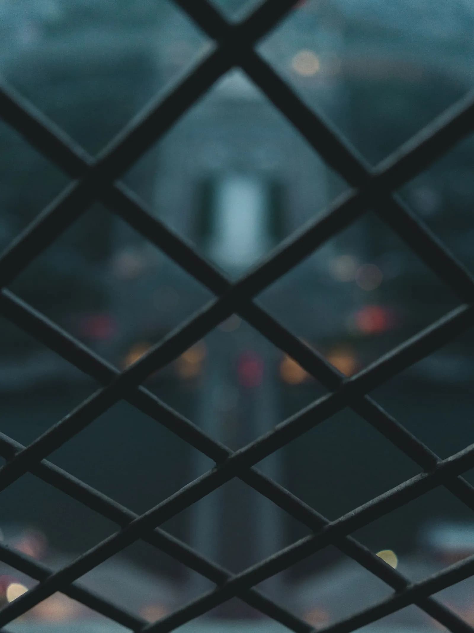 Close view of chain-link mesh with soft city lights beyond