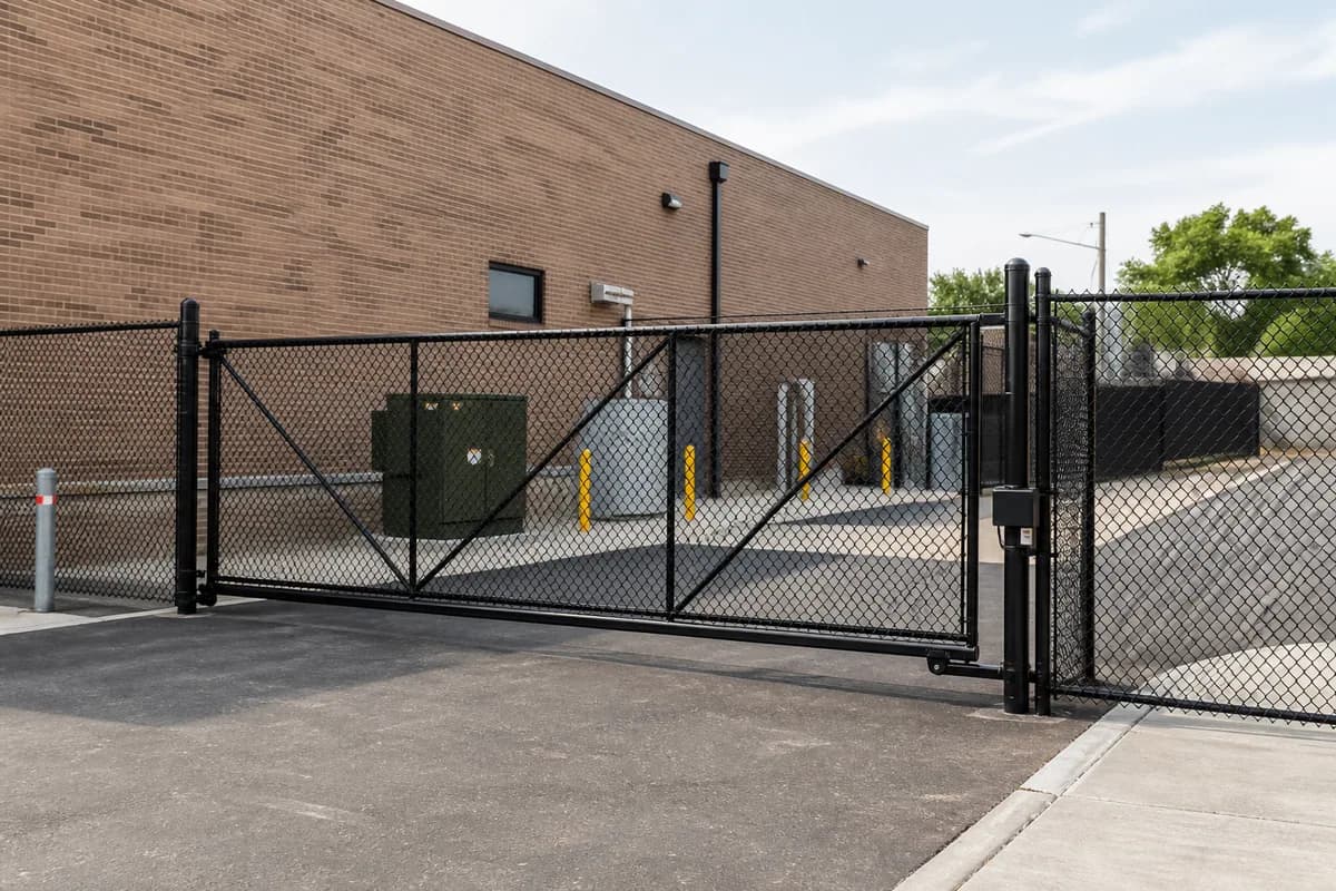 Black security fence and sliding gate protecting a Chicago commercial service yard